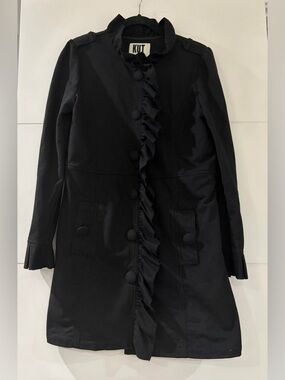 Kut from the Kloth Ruffle-Trim Long Coat, Women’s XL Black Jacket, Large Button